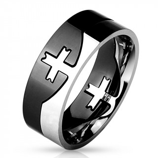 Bague homme noire et argente en acier style puzzle avec croix