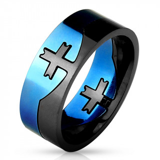 Bague homme noire et bleue en acier style puzzle avec croix