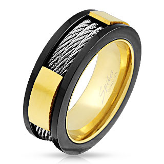 Bague homme noire et dore en acier avec filins