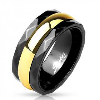 Bague homme noire facette en acier avec anneau dor