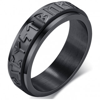 Bague homme noire  runes vikings en acier (bandeau tournant)