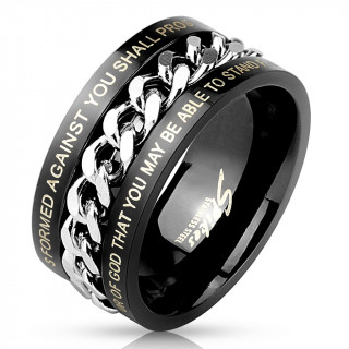 Bague homme noire traverse d'une chaine avec verset de la bible