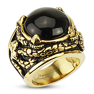 Bague homme style antique en acier dor et noirci avec onyx