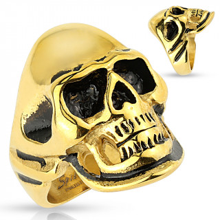 Bague homme tte de mort dore en acier noirci