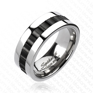 Bague homme titane  bande noire ondulante