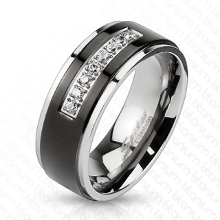 Bague homme titane  bandeau noir et ligne de pierres