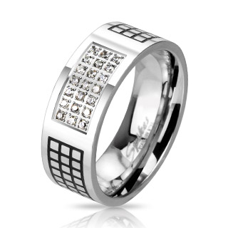 Bague homme titane  quadrillages et rectangle pav de pierres