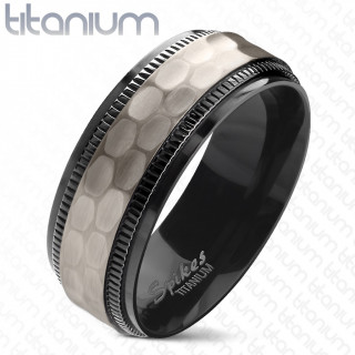 Bague homme titane noir  bords crants et bandeau anthracite martel