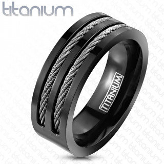 Bague homme titane noire  encoches avec filins d'acier