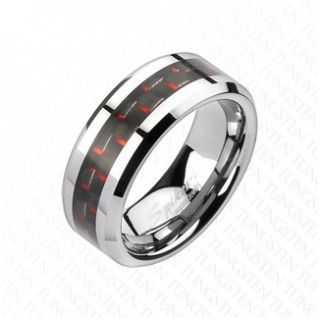 Bague homme en tungstene avec fibre de carbone noire et rouge