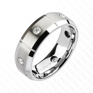 Bague homme en tungstene  segments brosss avec pierres claires