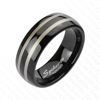 Bague homme en tungstne noir traverse de deux lignes grises