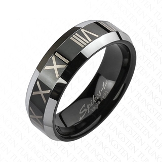 Bague homme en tungstene noir avec chiffres romains et bords argents