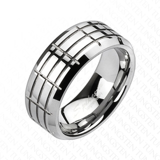 Bague homme en tungstne  rainures quadrilles