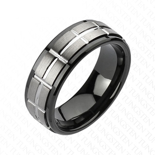 Bague homme en tungstene noir avec bande carrelée