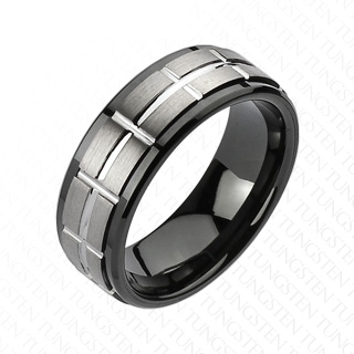 Bague homme en tungstene noir avec bande carrele