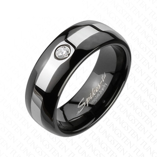 Bague homme en tungstene noir  bande argente sertie d'une pierre