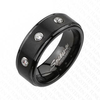 Bague homme en tungstene noir avec inclusion de pierres rondes