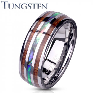 Bague homme tungstene  lignes d'abalone et bois