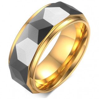 Bague homme tungstene dor et gris  reliefs cubes