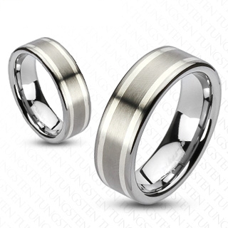 Bague homme en tungstene  bandes d'argent en deux tons