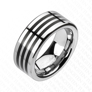 Bague homme en tungstne poli et argent traverse de trois bandes noires