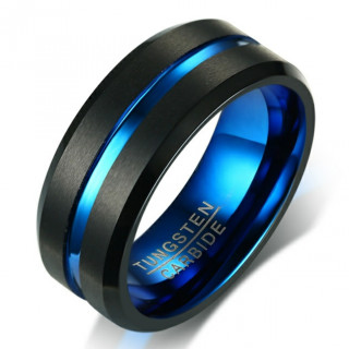 Bague homme tungstene noire  sillon bleu