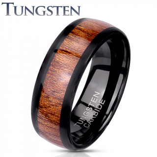 Bague homme tungstene noire  bandeau bois