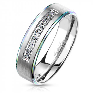 Bague mixte acier  bandeau bross serti et bords arc en ciel