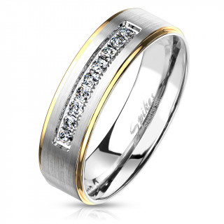 Bague mixte acier à bandeau brossé serti et bords dorés