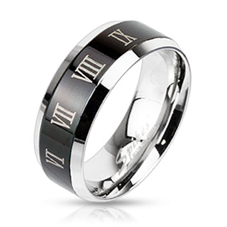 Bague mixte acier à bandeau noir avec chiffres romains
