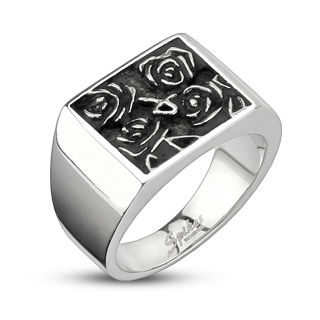 Bague mixte acier  hieroglyphe roses noires