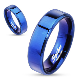 Bague mixte acier bleue  bords biseauts