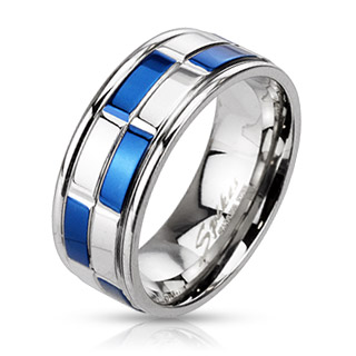 Bague mixte acier damier bleu et argent