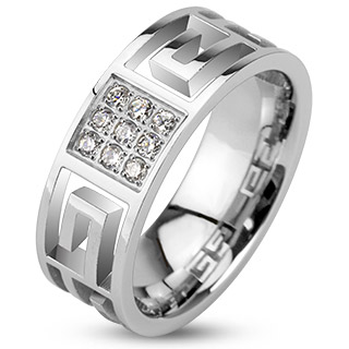 Bague mixte acier style labyrinthe et carr de pierres