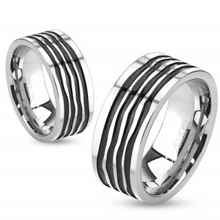 Bague mixte en acier  quatre rainures ondulantes noires