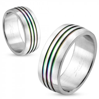 Bague mixte en acier argent avec trio de rainures arc en ciel