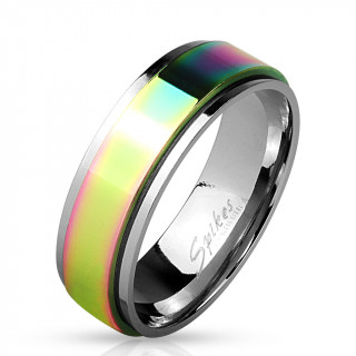 Bague mixte en acier avec anneau anti-stress teint arc en ciel