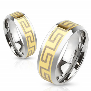 Bague mixte en acier avec motif labyrinth sur bande dore