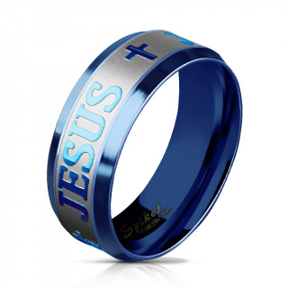 Bague mixte en acier bleu  croix et "JESUS" gravs