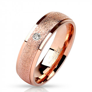 Bague mixte en acier cuivr  bandeau centrale sabl et serti d'un strass