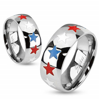 Bague mixte en acier étoilée bleu, blanc, rouge