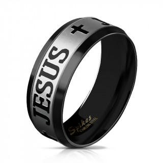 Bague mixte en acier noir  croix et "JESUS" gravs