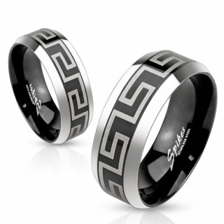 Bague mixte en acier noir avec motif labyrinth et bordures grises