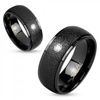 Bague mixte en acier noir  bandeau centrale sabl et serti d'un strass