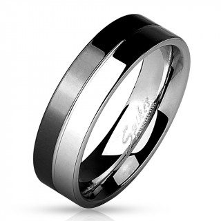 Bague mixte en acier noir et argent  bandes