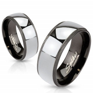 Bague mixte en acier noir et argenté à bords rainurés