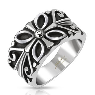 Bague mixte en acier noirci à reliefs floraux