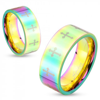 Bague mixte en acier teint arc en ciel avec croix