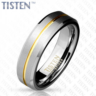 Bague mixte en Tisten avec bandeau brossé et rainure doré IP